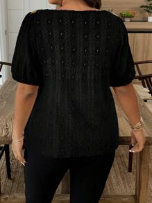 大码花卉刺绣不对称领短袖休闲T恤 - 黑色 - 查看 2