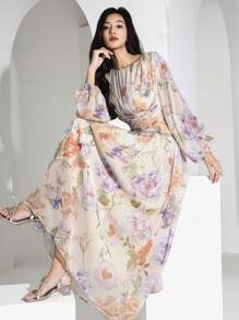 Heiryn Đầm dự tiệc cocktail tay dài đa năng họa tiết hoa chiffon thắt eo trang trí kim loại - Nhiều màu - Xem 5