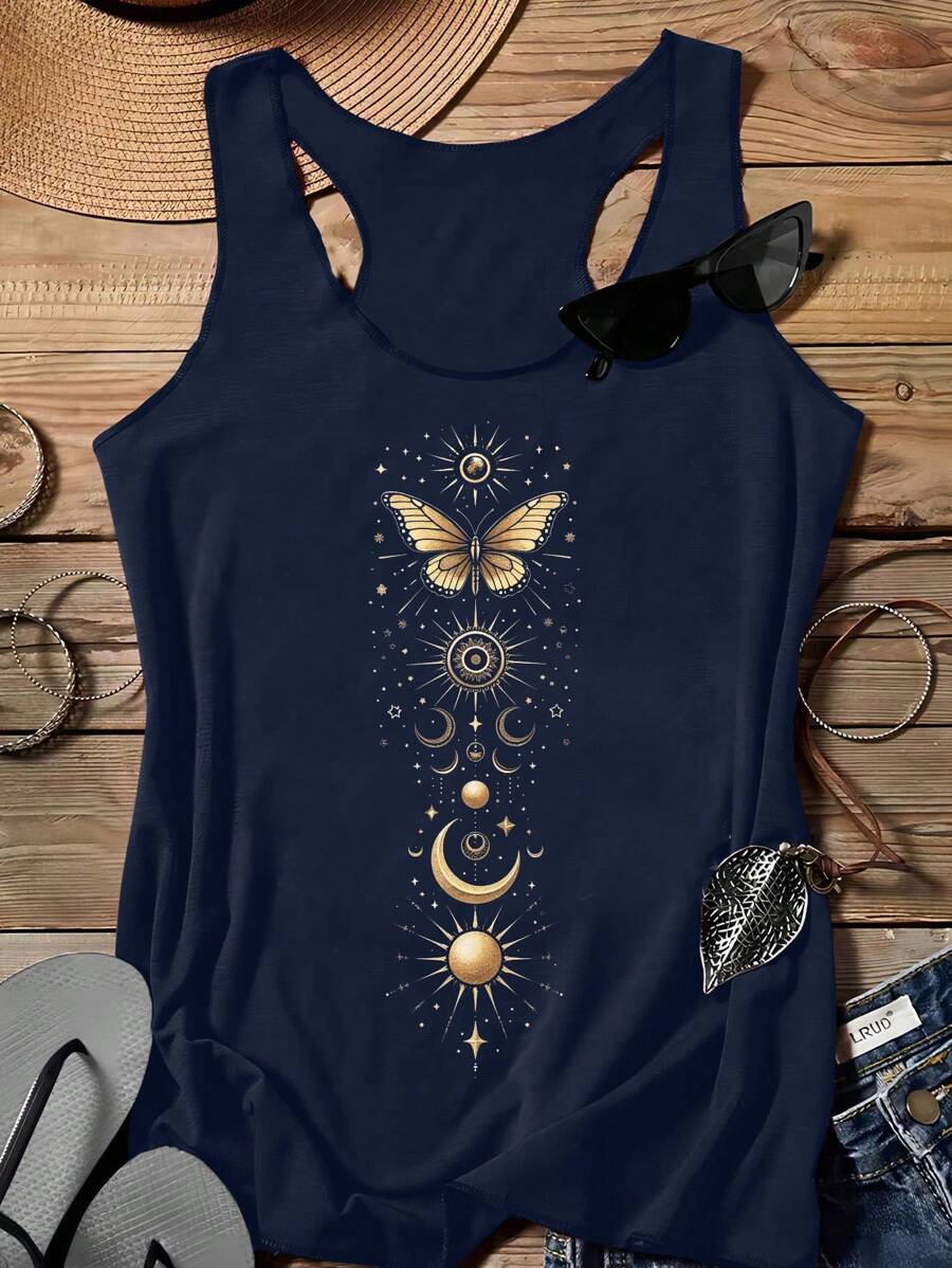 SHEIN LUNE Casual Sun, Moon, Star, Butterfly Print Women Tank Top, Suitable For Summer Back To School - Navy Blue - View 1