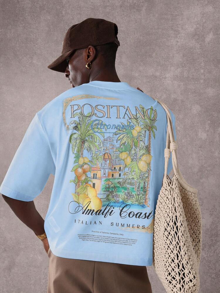 Italian Luxury T-Shirt With Amalfi Coast Positano Beach Graphic Print