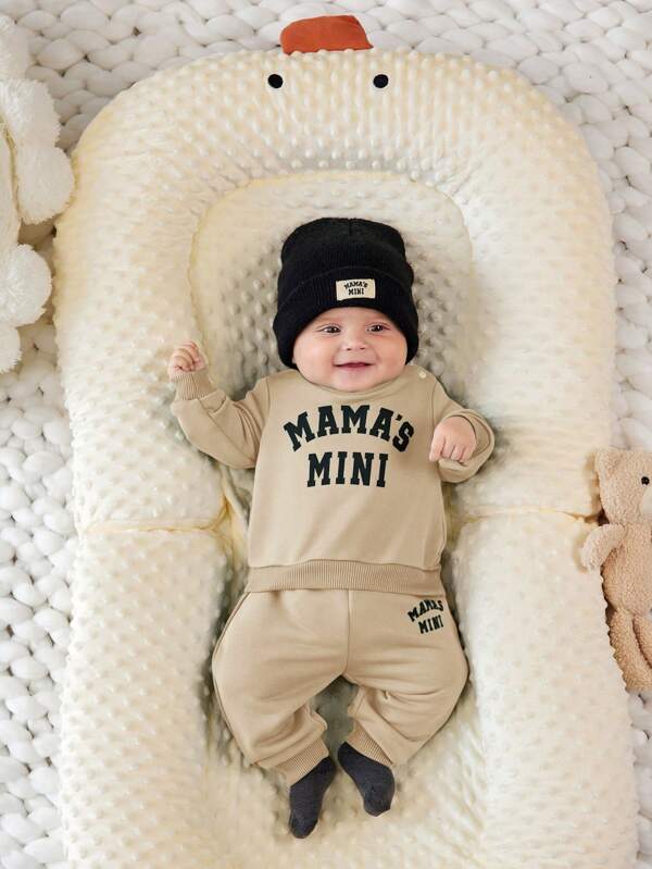 SHEIN 2 Stücke/Set Neugeborenen Baby Jungen/Mädchen lässiges Set aus Rundausschnitt Schulterfreiem Sweatshirt und Jogginghose, geeignet für Frühling, Herbst, Winter Baby Nest