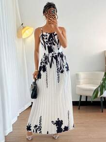 Chiquease Islaluna Casual Minimalist Digital Print Camisole Top And Pleated Skirt 2 Pieces Set