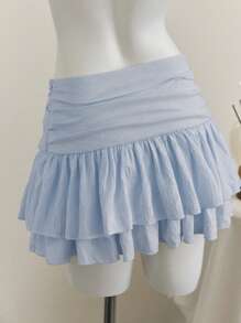 Elamini 米色度假风百褶宽松腰部双层雪纺短裙 - 淺藍色 - 查看 2