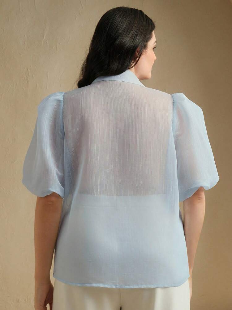 Summer Elegant Fashion Turn-Down Collar Short Puff Sleeve Women Rhinestone Embellished Blouse