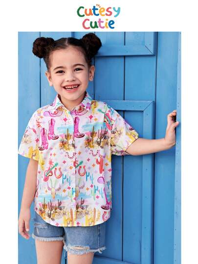 SHEIN Young Girl Lovely Graphic Print Casual Woven Shirt
