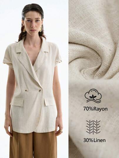 Aalyst 1pc Women Plain Color Short Sleeve Double Breasted Blazer Jacket