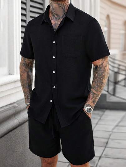 Manfinity Homme Men's Casual Linen Short Sleeve Shirt And Shorts 2pc Set,Men 2 Piece Set,Men Summer Outfits Black Linen Shirt Men Men Black Shirt Co Ords