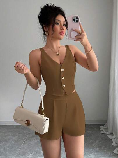 Selianne 2 件套杏色休闲通勤简约纯色前扣短款上衣 + 短裤女士
