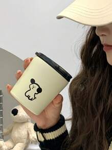 1pc Lovely Puppy Printed Coffee Cup With Lid, Stainless Steel Insulated Water Bottle Mini Portable Travel Cup Outdoor Mug - Mustard Yellow - View 5