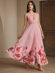 Anewsta French Lady-Like Floral Print V-Neck Sleeveless Pleated Maxi Dress - Pink - View 1