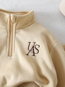 SHEIN 2pcs Baby Girls Outfit, Thermal Lined Warm Personalized Embroidered Letter Hoodie Sweatshirt & Pants Set, Suitable For Outgoing And Home Wear, Autumn/Winter Baby Tracksuit Toddler Co Ord Baby Casual Sets Baby Set Autumn Winter Season Neutral Baby Clothes Fall - Khaki - View 8