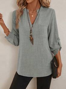 EMERY ROSE Women's V-Neck Plain Textured Fabric Casual Summer Shirt White V Neck Blouse Women  Blouses For Women Linen Blouses For Women Women White Blouse  Tops For Women FALL Women Clothes Business Casual Woman  Button Up Shirt Women Button Up Shirt - Light Grey - View 4