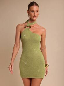 COSMINA 女式无袖纯色圆形装饰项链修身迷你连衣裙 - 橄欖綠 - 查看 6