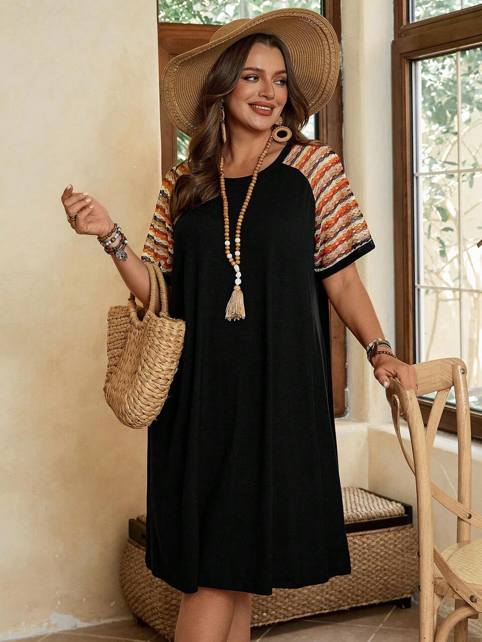 Plus Size Multicolor Summer Boho Vacation Casual Striped Patchwork Dress,Fall Women Clothes Country Concert Outfit