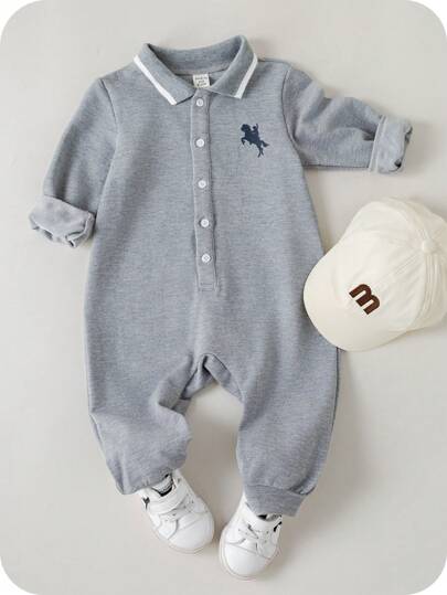 SHEIN Newborn Baby Boy/Girl Cute Cartoon Pattern Polo Collar Long Sleeve Romper, Autumn/Winter