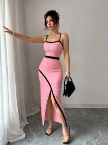 Rafferiza 女式休闲拼色长款吊带连衣裙 - 粉色 - 查看 4