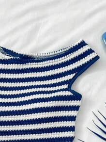 SHEIN 2pcs/Set Teen Girls Striped Knit Asymmetric Shoulder Fitted Top And Ultra Low Waist Skinny Shorts, Suitable For Holiday, Party, Christmas, Valentine's Day, Date, Beach, Cruise, Carnival, Easter Striped Two Piece Set Two Piece Short Set Summer Two Piece Set Vacation Two Piece Set Preppy Two Piece Set - Blue and White - View 4