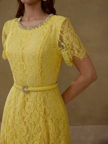 MOTF LACE OVERLAY RHINESTONE BELTED FLARE HEM DRESS - Yellow - View 2