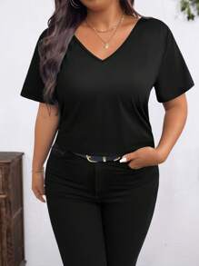 SHEIN Clasi Camiseta de mujer de tallas grandes casual y elegante con mariposa, detalles de cuentas y recorte en la espalda - Negro - Ver 3