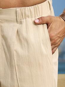 Manfinity RSRT بنطلون كاجوال قطني للرجال بلون أحادي وخط أمامي من الكتان، بنطلون قطني أبيض للشاطئ والصيف، خريف - بيج - مشاهدة 4