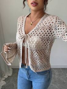 Chiquease Hollow-Out Long Sleeve Knit Cardigan, Spring/Autumn Fall Cloth For Women - Khaki - View 2