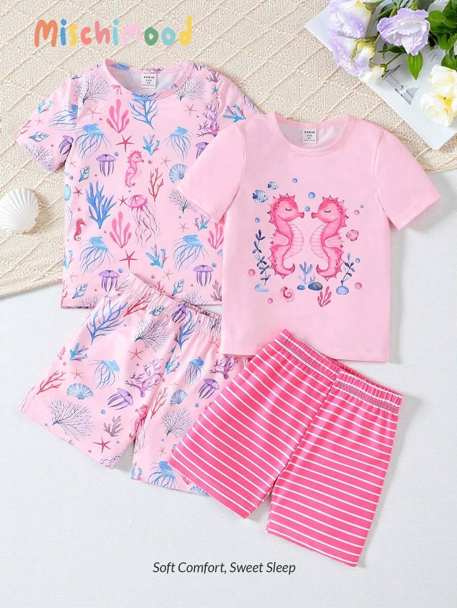 4pcs Baby Girl Ocean Animal Printed Snug Fit Round Neck Short Sleeve T-Shirt And Shorts Two-Piece Set, Home Outfit - Pink - View 1