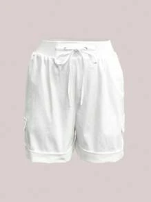 SHEIN LUNE Quần short thể thao nữ có dây rút, quần short ống rộng rộng rãi, có gấu quần - trắng - Xem 4