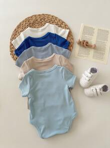 5 Stück/Set Neugeborene Baby Jungen/Mädchen blaue Kurzarm Sommer weiche Rundhals ärmelloser Strampler, vielseitig einsetzbar für Lässig, Innen- und Außenbereich