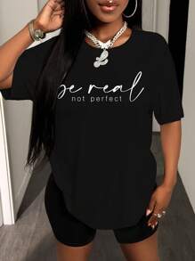 BamGleam 女式夏季短袖休闲 T 恤，带标语印花，Be Real Not Perfect 图案 T 恤，女式上衣 - 黑色 - 查看 1