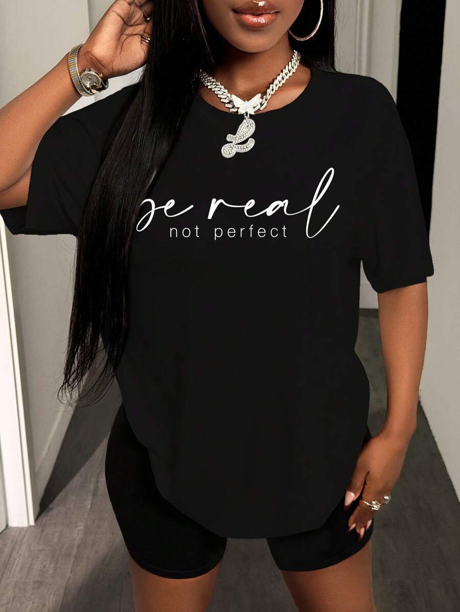 BamGleam 女式夏季短袖休闲 T 恤，带标语印花，Be Real Not Perfect 图案 T 恤，女式上衣 - 黑色 - 查看 1