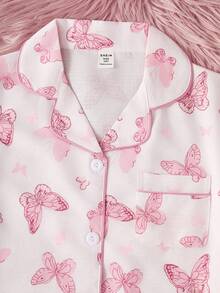 SHEIN 女童舒适纹理面料紫色蝴蝶印花长裤和短袖宽松休闲两件套睡衣套装 - 淺粉色 - 查看 6