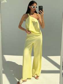 Aloruh Set de 2 piezas para mujer de top minimalista de un solo hombro en unicolor y pantalones holgados de pierna ancha, para verano - Amarillo - Ver 7