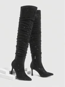 CUCCOO SZL 时尚尖头高跟长靴，镶满水钻，性感优雅的黑色过膝长靴，适合派对、宴会、夜总会活动