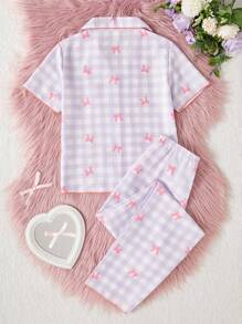 SHEIN 青少年女孩可爱格子蝴蝶结印花撞色翻领短袖衬衫和短裤睡衣套装，休闲舒适宽松两件套家居服 - 彩色 - 查看 2