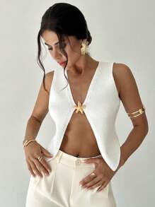 Firerie Women's Summer New Elegant Minimalist Beach Vacation Wear White V-Neck Sleeveless Tank Top With Metal Star Decor Knitted Sweater - White - View 1