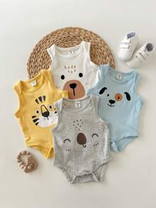 4件套新生儿男宝宝可爱卡通印花无袖连体衣套装，夏季图案 - 彩色 - 查看 7