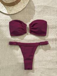 Swim Chiccia Conjunto Minimlista de 2 Peças com Bustier Sólido de Verão para Mulheres e Maiô Bikini Tanga com Decoração Metálica