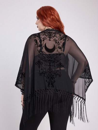 EDITION Cárdigan asimétrico con flecos para mujer talla grande, de estilo vintage barroco, romántico y gótico, con gráfico de vid de luna y textura de tela flocada, ideal para primavera, verano y vacaciones hippie, con hombros sin costuras