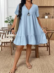 EMERY ROSE Vestido de verano de manga corta con cuello en V y volantes en el bajo para mujer de talla grande. Vestido romántico y elegante para vacaciones y playa. Vestido de primavera informal de estilo casual con textura de tela de unicolor para mujer. - Azul - Ver 1