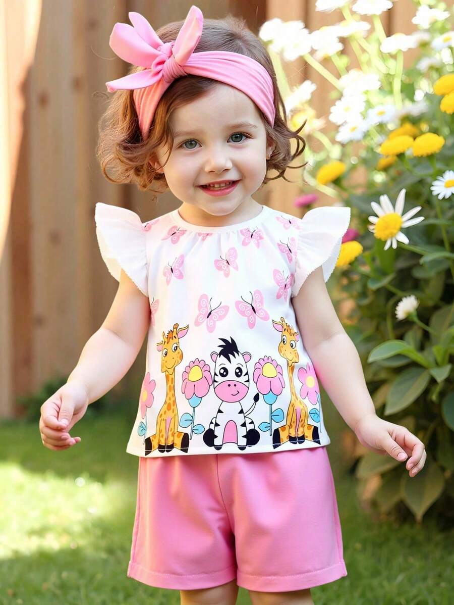 SHEIN Bộ đồ không tay in họa tiết động vật dễ thương dễ thương cho bé gái kết hợp với quần short màu hồng cho mùa hè - Hồng - Xem 1