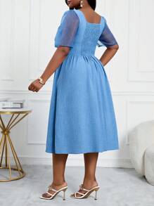 SHEIN Lady Vestidos de oficina de talla grande con mangas abullonadas, contraste de malla, cinturilla plisada y falda acampanada, elegantes para primavera y verano