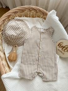 2 pièces/Ensemble Salopette sans manches rayée colorée abricot et chapeau seau pour bébé garçon/fille, tenue casual polyvalente pour les vacances et les voyages