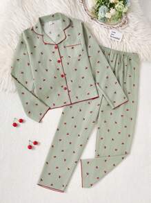 2pcs Teen Girls Apricot Color Minimalist Cherry Print Long Sleeve Top And Pants Set, Casual & Comfortable Home Wear Cute Pajama Set Cherry Pajama Set Fall Winter - Green - View 4