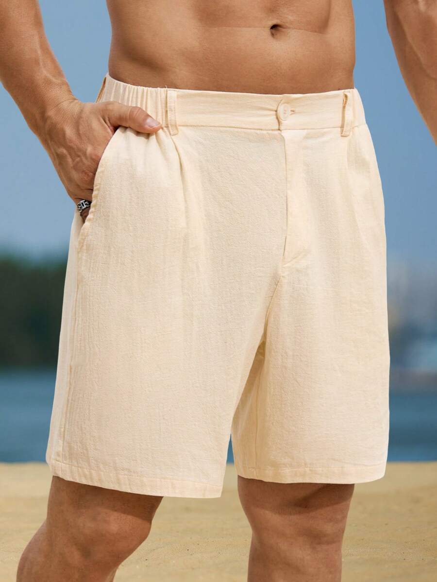 Genlund Men's Casual Solid Color Bamboo Knot Linen Shorts Men Cotton Shorts Men Beach Shorts Men Vacation Shorts - Beige - View 1