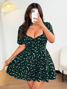 Flirla Plus-Size Women's Collar Lace Trim A-Line Print Party Jumpsuit - Dark Green - View 4