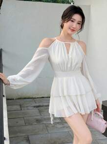 Celisse Women's Beige Keyhole Neckline Mini Dress Casual Woven Tiered Dress With Long Sleeves And Cold Shoulder Detail Fall Cloth For Women