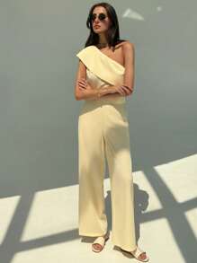 Aloruh Bộ 2 món/Bộ áo dây mảnh màu trơn thanh lịch cho nữ và quần dài, mùa hè - Màu vàng - Xem 5