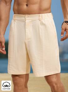Genlund Men's Casual Solid Color Bamboo Knot Linen Shorts Men Cotton Shorts Men Beach Shorts Men Vacation Shorts - Beige - View 4