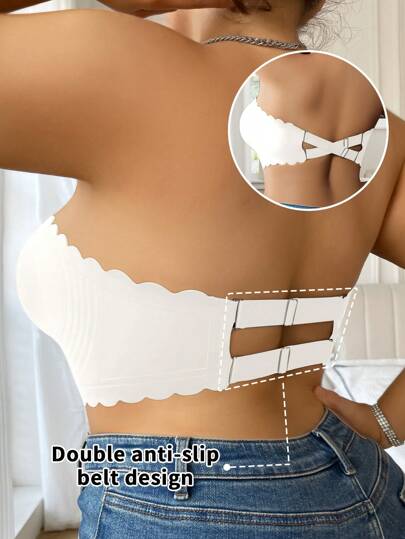 SHEIN 加大码无缝无肩带蕾丝边文胸，女士无钢圈支撑露背文胸，提升