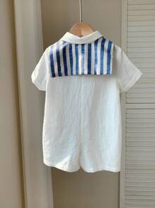 Baby Boy/Girl Casual Academy Resort Solid Color Short Sleeve Shirt, Striped Shawl Romper, Suitable For Spring/Summer Wear, Indoor And Outdoor